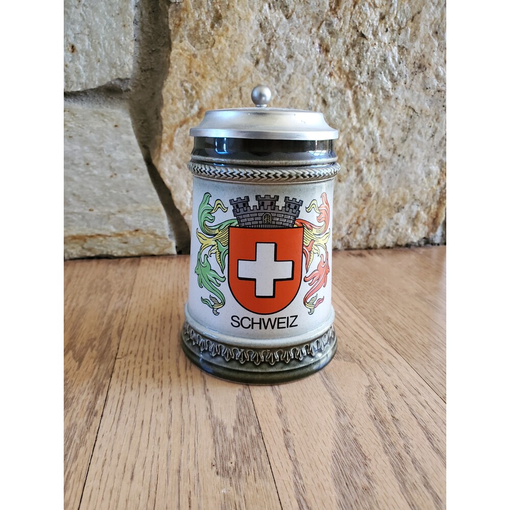Antique Beer Steins Lidded Pewter Gerz West Germany Schweiz Ceramic EUC